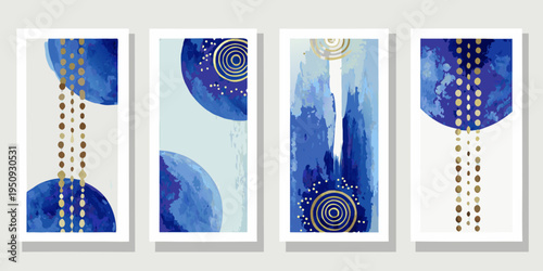 Four abstract wall art panels featuring blue and gold geometric shapes