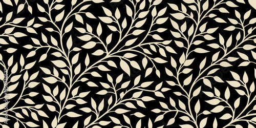 Elegant botanical pattern with delicate beige leaves against a black background