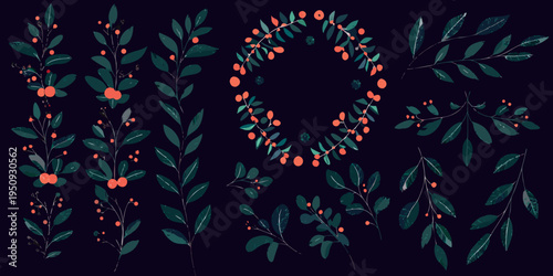 Stylized botanical illustration featuring branches leaves and red berries
