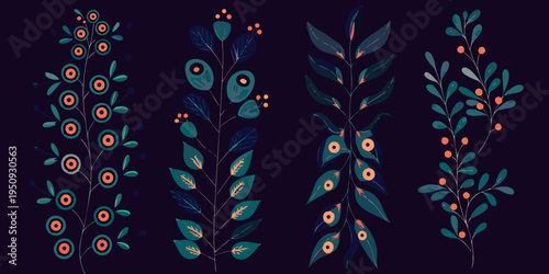 Stylized botanical illustration featuring four branches with leaves and berries