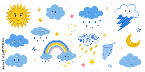 Cute cartoon weather elements including sun clouds rainbow and moon