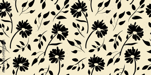 A seamless pattern of delicate black flowers and leafy stems