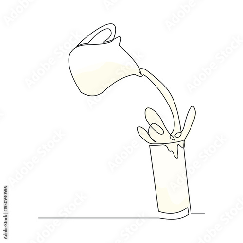 Continuous line sketch drawing of hand pouring a jug tea pot jar of fresh milk juice into glass. advertisement one single line art concept vector illustration editable stroke