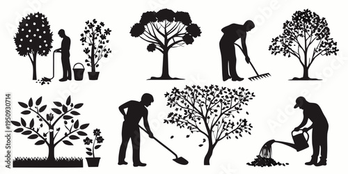 Silhouettes of gardeners tending to various trees and plants