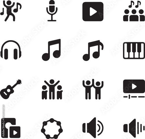 collection of black music and video icons on white background