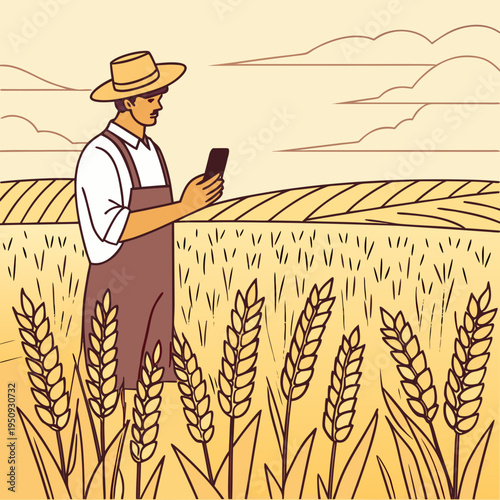 A farmer stands in a wheat field while using a smartphone