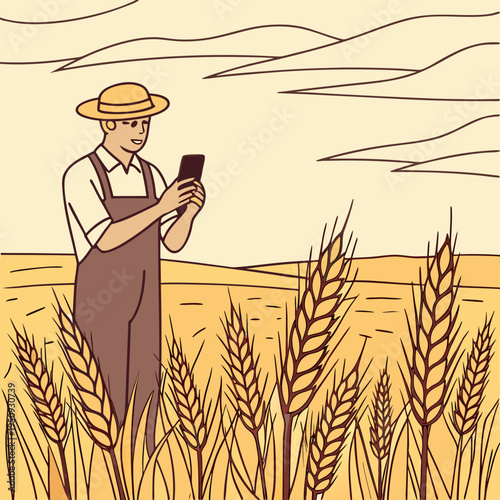 Farmer using a smartphone in a wheat field during a sunny day