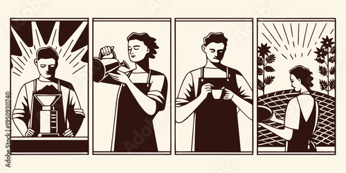 Vintage style illustration depicting the process of coffee preparation and service