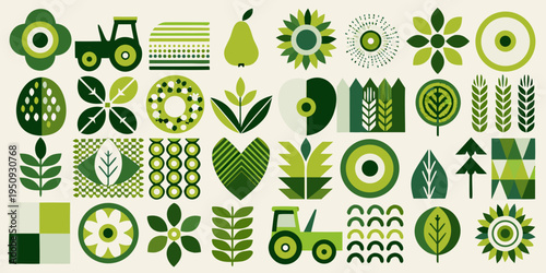 Stylized arrangement of green botanical and agricultural elements on a beige background