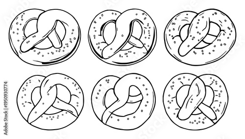 Pretzel set with flat 2D vector illustration featuring soft pretzel, salt crystals, bakery theme with bold black outlines and isolated white
