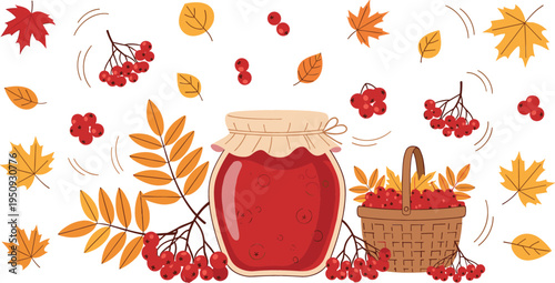 Autumn Rowan Berry Jam Jar with Falling Leaves Basket and Red Berries Seasonal Harvest Food Vector Illustration