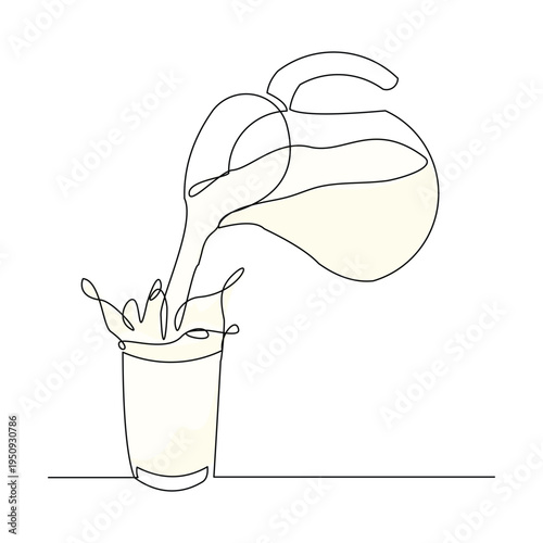 Continuous line sketch drawing of hand pouring a jug tea pot jar of fresh milk juice into glass. advertisement one single line art concept vector illustration editable stroke