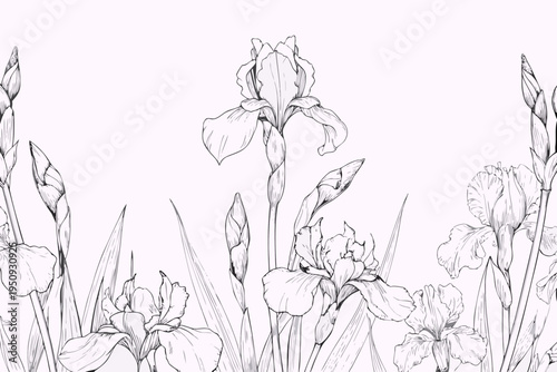 Foto Delicate floral arrangement featuring sketched irises and budding stems