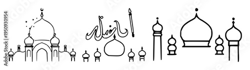Eid Mubarak greeting design with golden lanterns and crescent moon featuring stars, mosque dome, traditional patterns with typography and ornaments