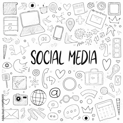 Doodle illustration featuring various social media icons and digital devices