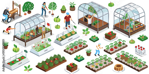 Isometric illustration depicting various greenhouse gardens and urban farming scenes