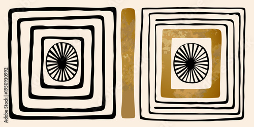 Abstract geometric design featuring nested rectangles and radial patterns