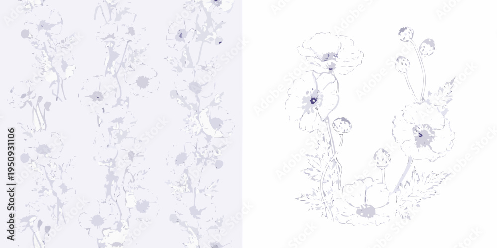 Obraz premium Delicate floral pattern featuring light purple poppy illustrations on white
