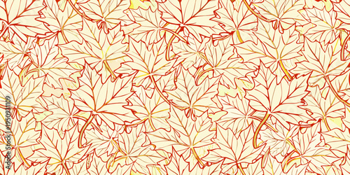 Seamless pattern of delicate hand drawn maple leaves in warm tones