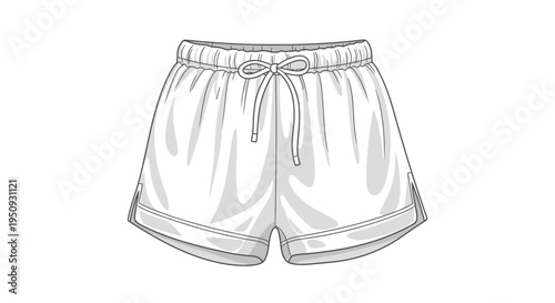 White Athletic Shorts with Drawstring, Fashion Flat Sketch, Sportswear Design
