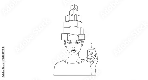 Woman Balancing Cubes on Head Holding Soda Can, Conceptual Art