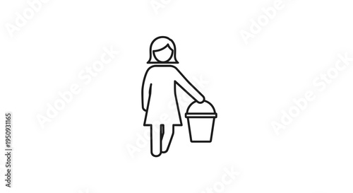 Woman Carrying Bucket Icon: Cleaning, Service, Household Tasks, Simple Line Art