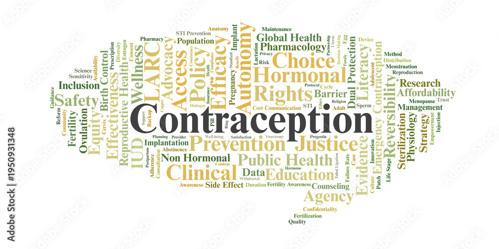 Fototapeta premium Contraception Word Cloud. A professional overview of birth control methods, reproductive autonomy, clinical efficacy, and systemic factors affecting access to family planning services.