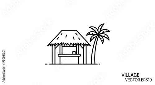 Tropical Beach Hut Icon with Palm Tree - Simple Line Art Vector