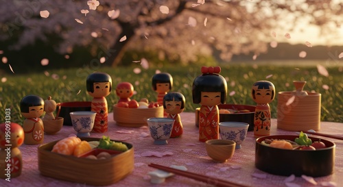 Kuklu figureles ?alia tradicinio japoni?ko stalo