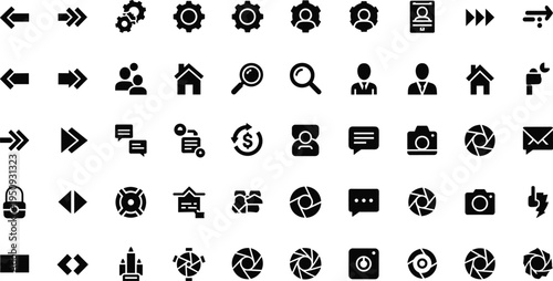 User interface solid icons set with arrows settings camera messages security navigation and communication symbols vector collection
