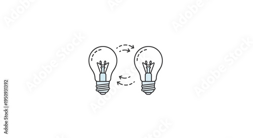 Two light bulbs with arrows showing idea exchange, concept of collaboration and innovation
