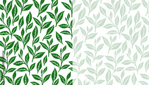Green Tea Seamless Pattern Design. Tea Leaf Repeating Background Illustration. Hand Drawn Botanical Style. Organic Herbal Texture Pattern. Background For Packaging Textile.
