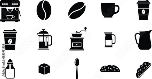 Set of black coffee icons including espresso machine beans cups and brewing tools on white