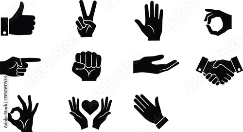 Collection of black hand gesture silhouettes including thumbs up peace sign and handshake