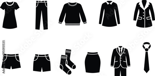 A collection of black flat icons representing various items of clothing and apparel.