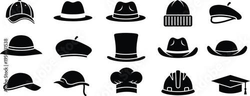 Collection of various hat and headwear icons in black silhouette style on a white background