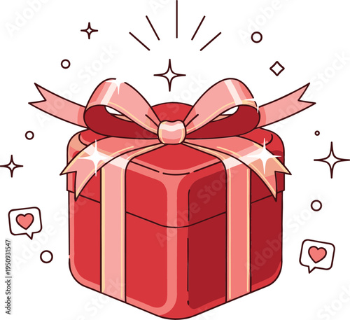 Red Gift Box with Ribbon Bow and Sparkles Romantic Present for Valentine Day Love Celebration Vector Illustration