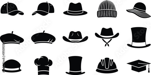 A collection of fifteen black and white hat icons representing various styles and professions.