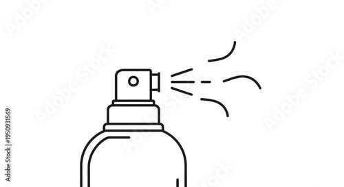 Spray bottle spraying liquid, close-up, isolated on white background, line art.