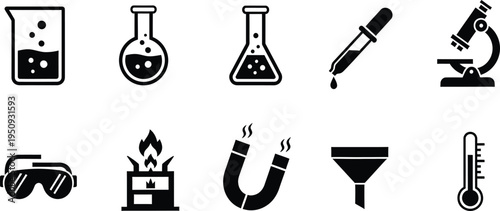 Collection of black and white science icons featuring laboratory equipment for chemistry research