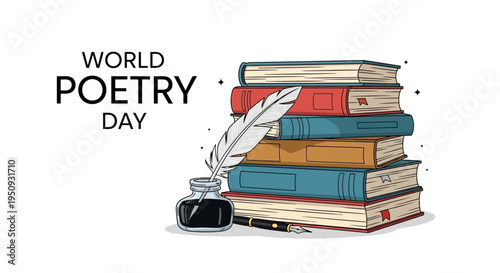 Illustration of stacked books with a quill pen and inkwell celebrating World Poetry Day with a literary arts concept on a white background.