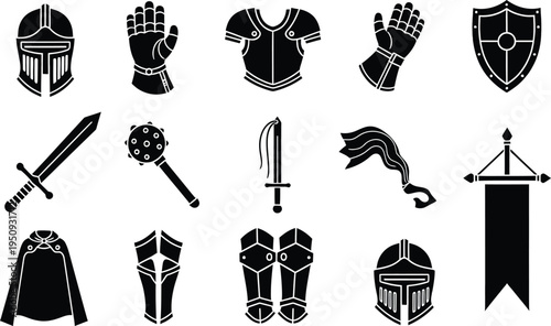Collection of black and white medieval knight armor and weapon icons for role playing games