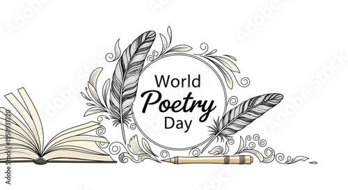 Illustration of an open book, pencil, and feathers celebrating World Poetry Day with a poetry writing concept on a white background.