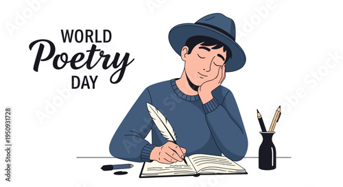 Illustration of a man in a blue hat writing poetry on World Poetry Day with a thoughtful expression, surrounded by a pen holder and paper.