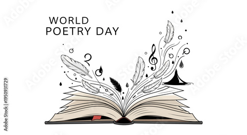 Vector illustration of an open book with leaves and music notes emerging, celebrating World Poetry Day with a literary arts concept on a white background.