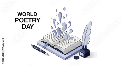 Vector illustration of an open book with water splashes and a quill pen on a white background, celebrating World Poetry Day with a poetry writing concept and literary arts theme.