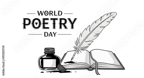 Vector illustration of an open book with a quill pen and inkwell, celebrating World Poetry Day with a literary arts concept on a white background.