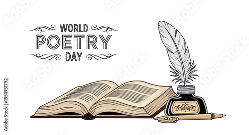 Vector illustration of an open book, quill pen, and inkwell with 'World Poetry Day' text on a white background, celebrating literary arts and creative writing.