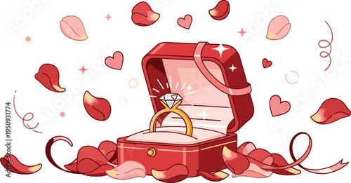 Romantic Engagement Ring in Red Gift Box with Hearts Petals and Sparkles for Wedding Proposal Love Concept Vector Illustration