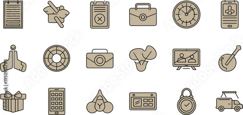Travel and tourism line icons set with airplane suitcase camera compass smartphone ticket and transportation outline vector collection